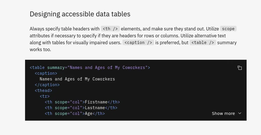 Carbon instructions for designing accessible data tables