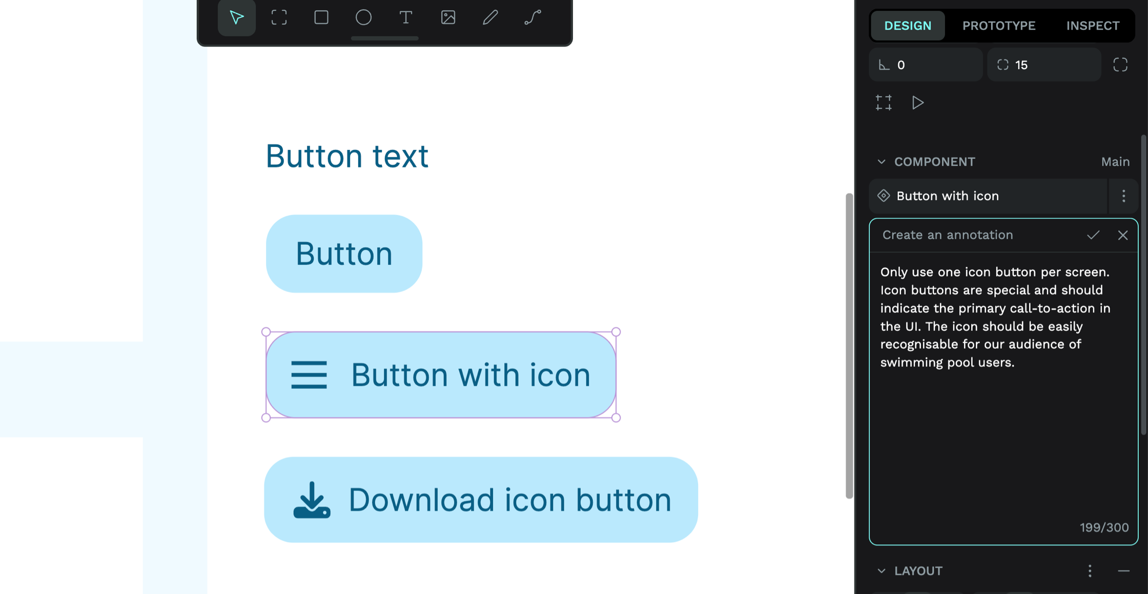 A selected button with icon component with an annotation detailing how only one of these components should be used per screen.