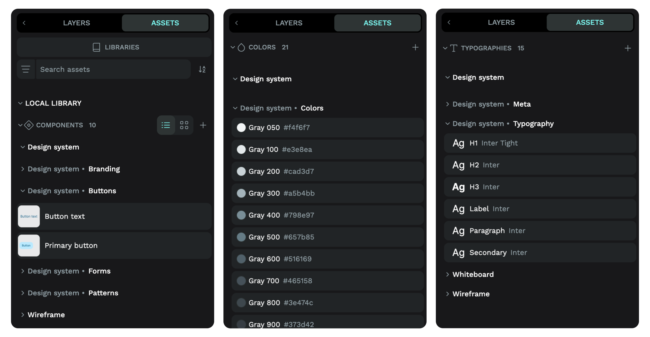 The components, colors, and typographies sections of the assets panel in Penpot.