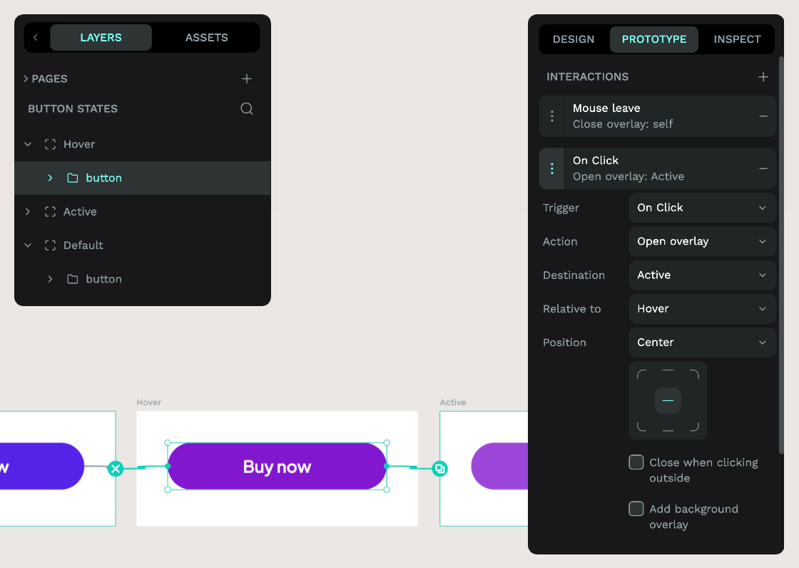 The Hover button selected on the canvas, in the layers panel, with the mouse click interaction added in the Prototype panel.