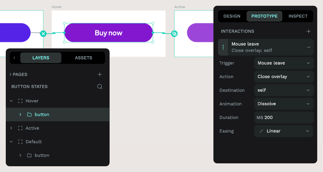 The Hover button selected on the canvas, in the layers panel, with the mouse leave interaction added in the Prototype panel.