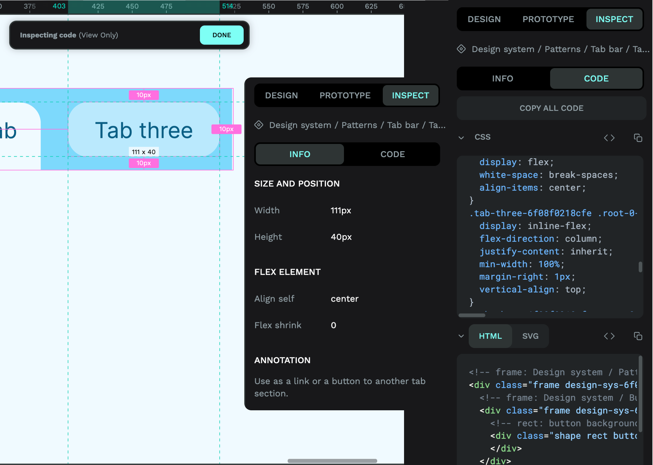 Inspect mode showing a view-only message, inspecting a component’s properties, and getting its CSS code.