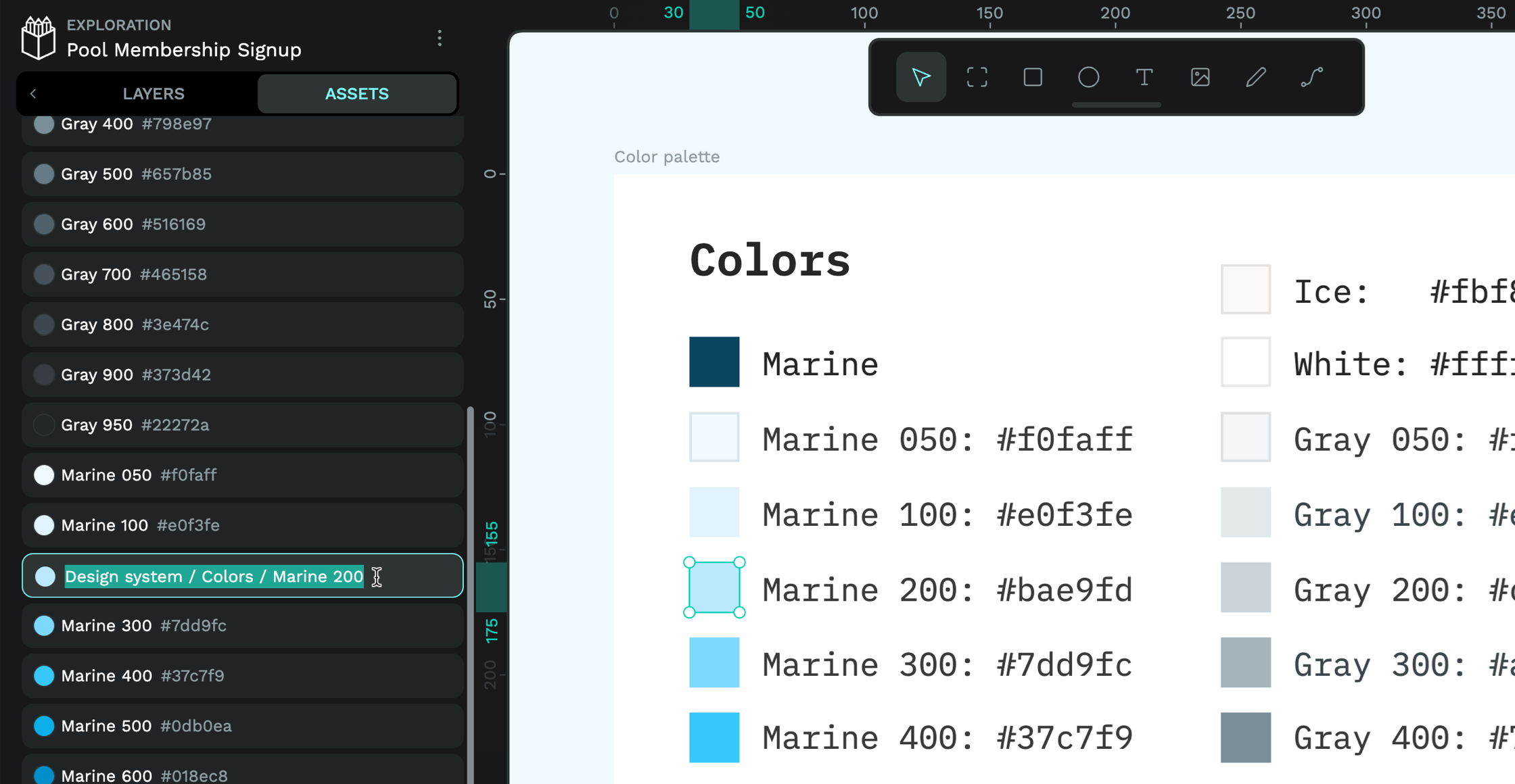 The colors section in Penpot’s assets tab with the a color being named Design system / Colors/ Marine 200.