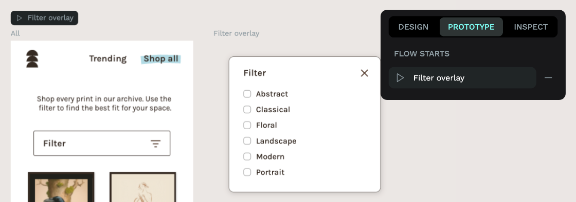 The Filter overlay flow starts showing in the Prototype panel.