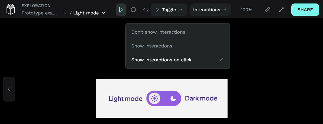 The Interactions menu in View mode, with options to Don't show interactions, Show interactions, and Show interactions on click.