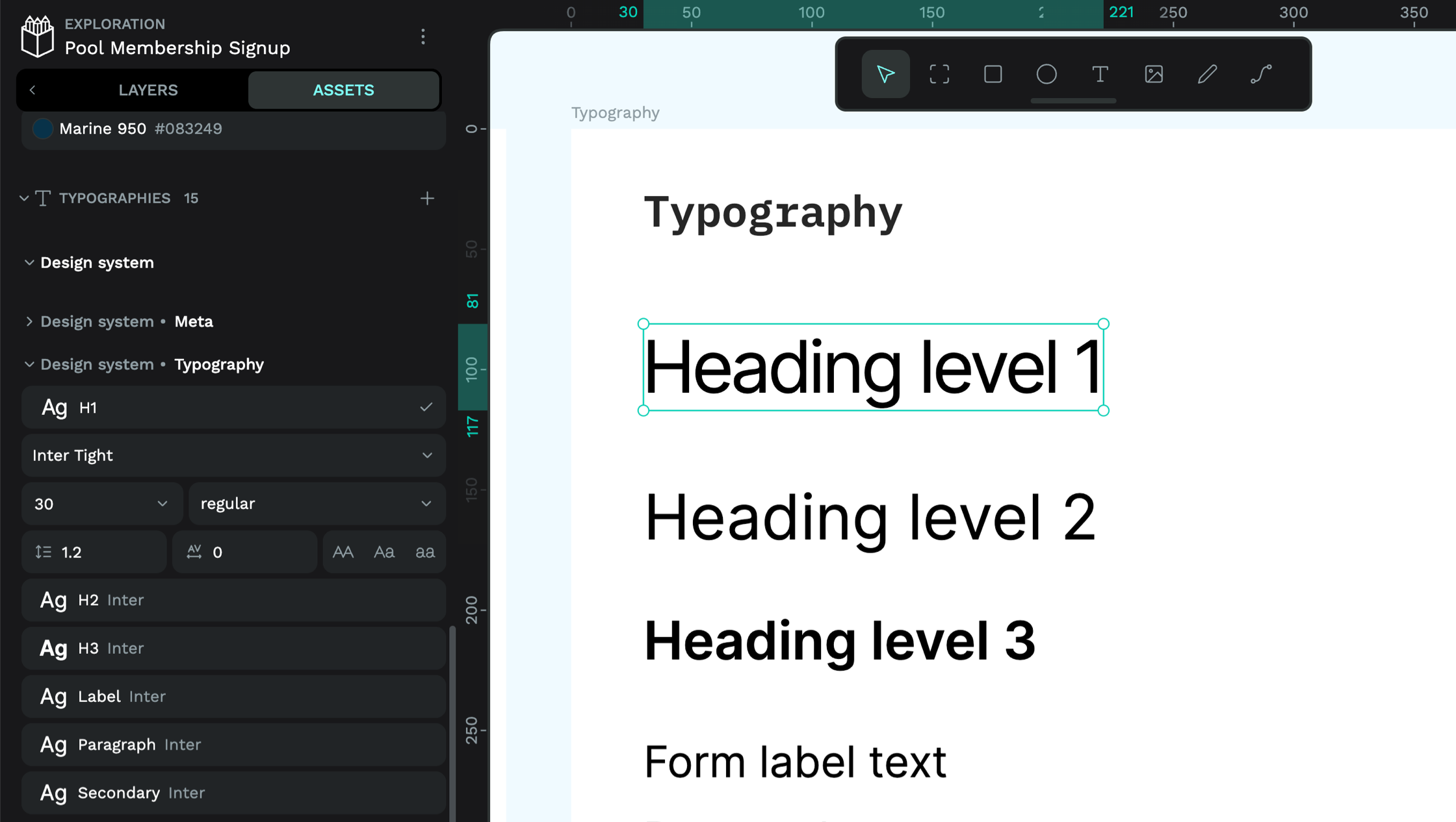 Heading level 1 text object selected and the H1 typography showing in the Assets panel.
