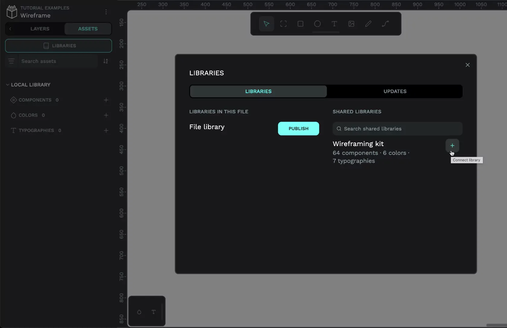 The Libraries modal open in Penpot showing the Wireframing kit under the Shared Libraries section.