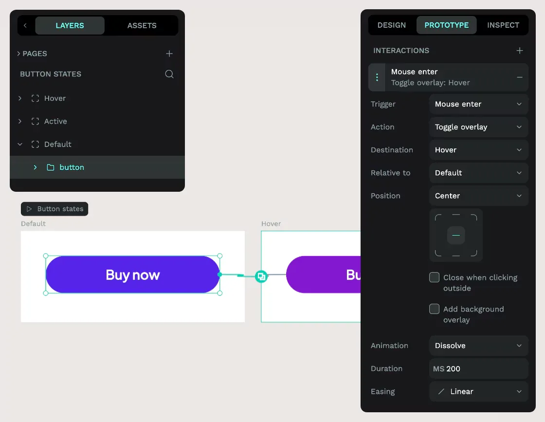 The Default button selected on the canvas, in the layers panel, with the mouse enter interaction added in the Prototype panel.