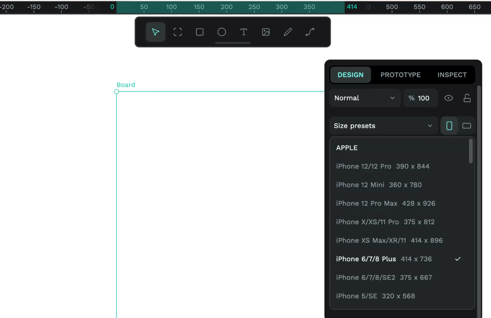 Choosing a size preset for a board from the Design pane in Penpot.