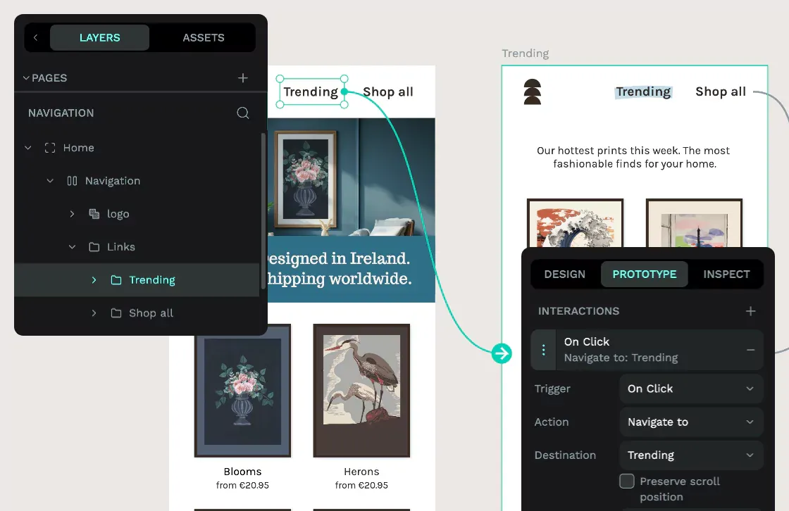 The layers panel with the Trending group selected, the Prototype panel with an On Click interaction, and the canvas showing the connection.