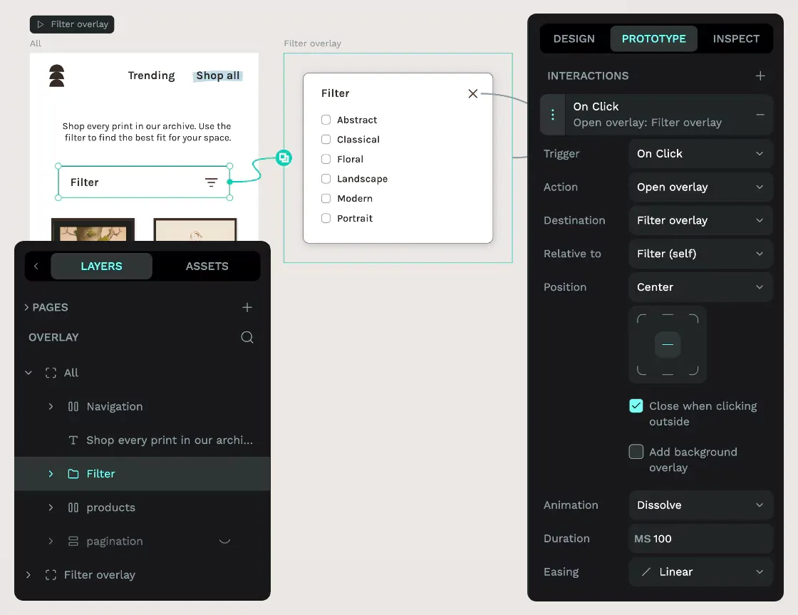 The Filter group layer selected on the canvas, in the layers panel, with the open overlay interaction added in the Prototype panel.