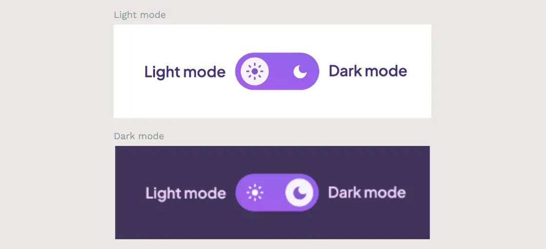 A Light mode board with a toggle between Light mode and Dark mode. Light mode uses a sun icon and has a white background. Dark mode uses a moon icon and has a dark purple background. 
