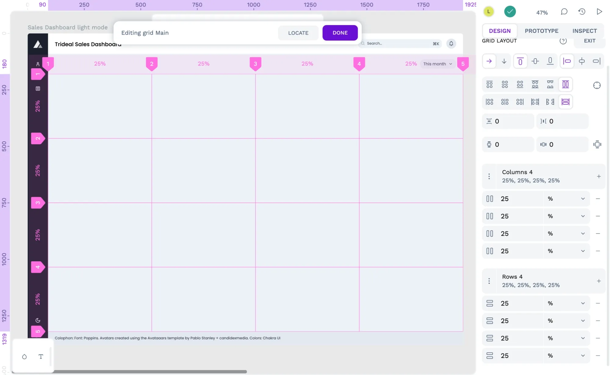 A grid layout with four columns at 25% and four rows at 25%.