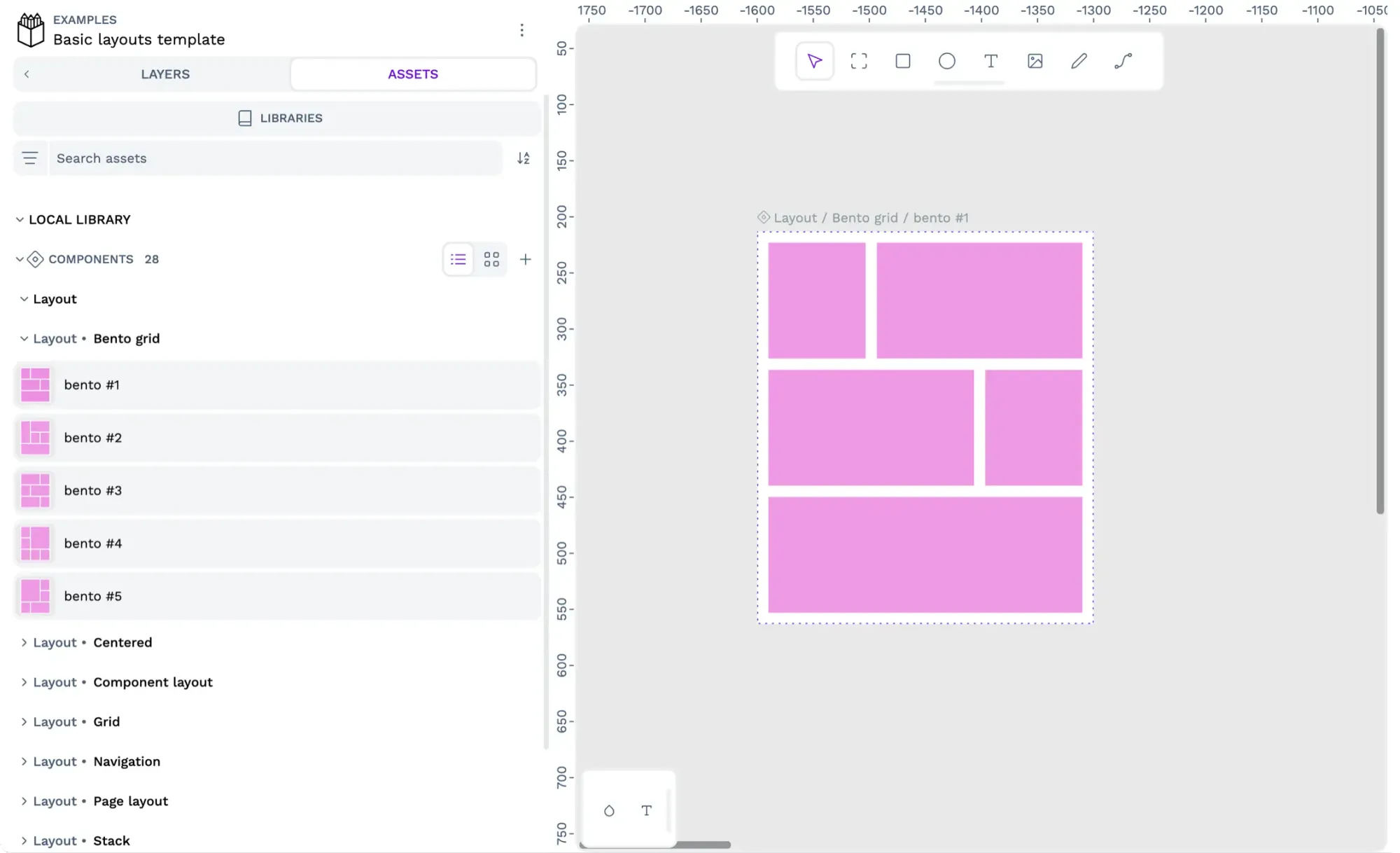 A bento grid layout in Penpot. In the components sidebar, there are five different bento grid layout components.