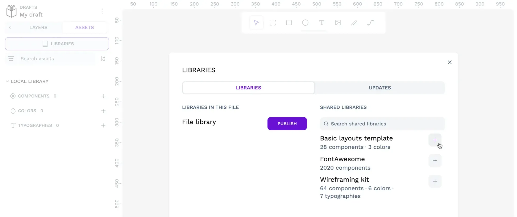 The Libraries dialog in Penpot showing the option to publish the current file library or connect shared libraries.