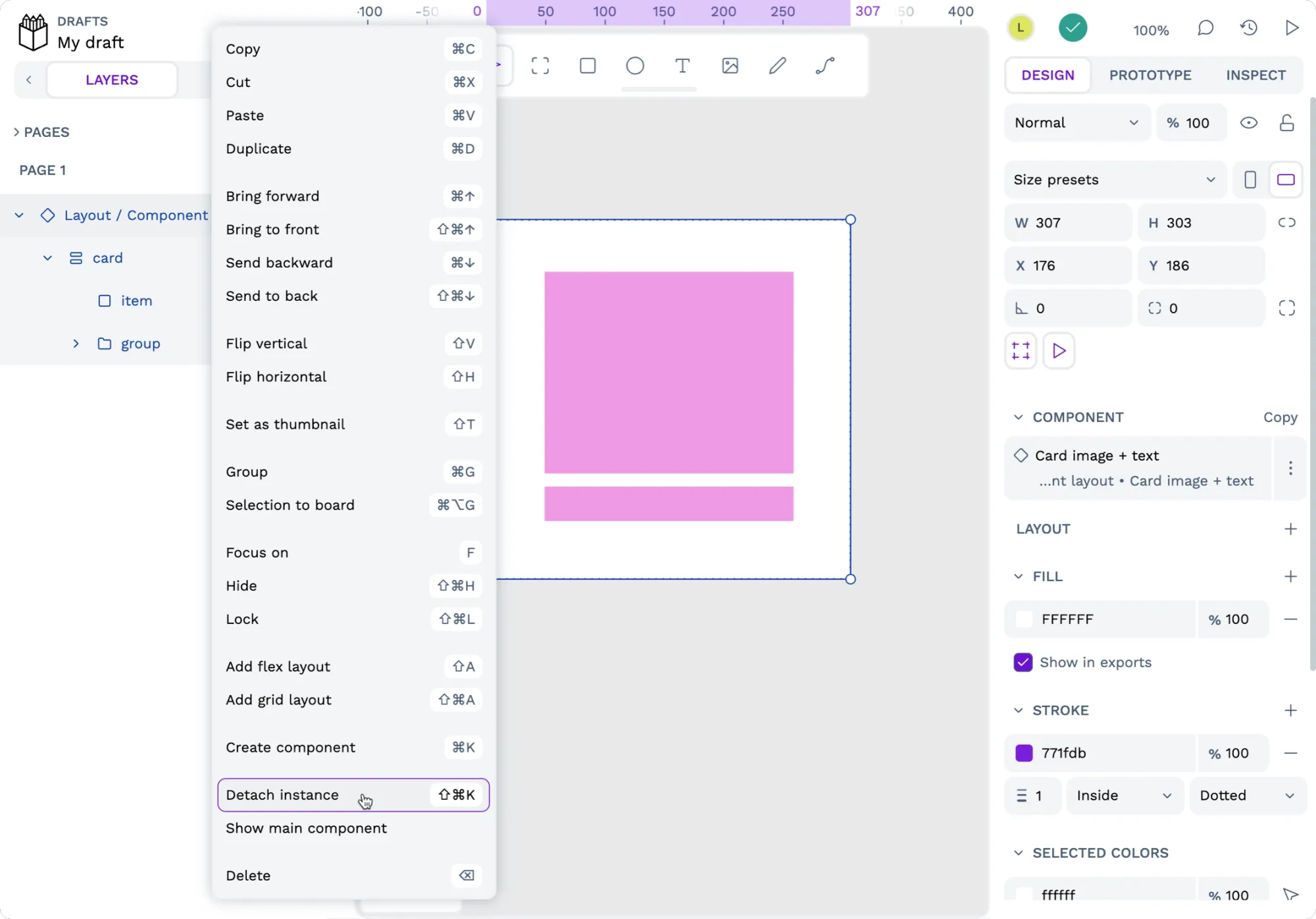 Right-clicking a component on the canvas in Penpot brings up a menu with the option to Detach instance.