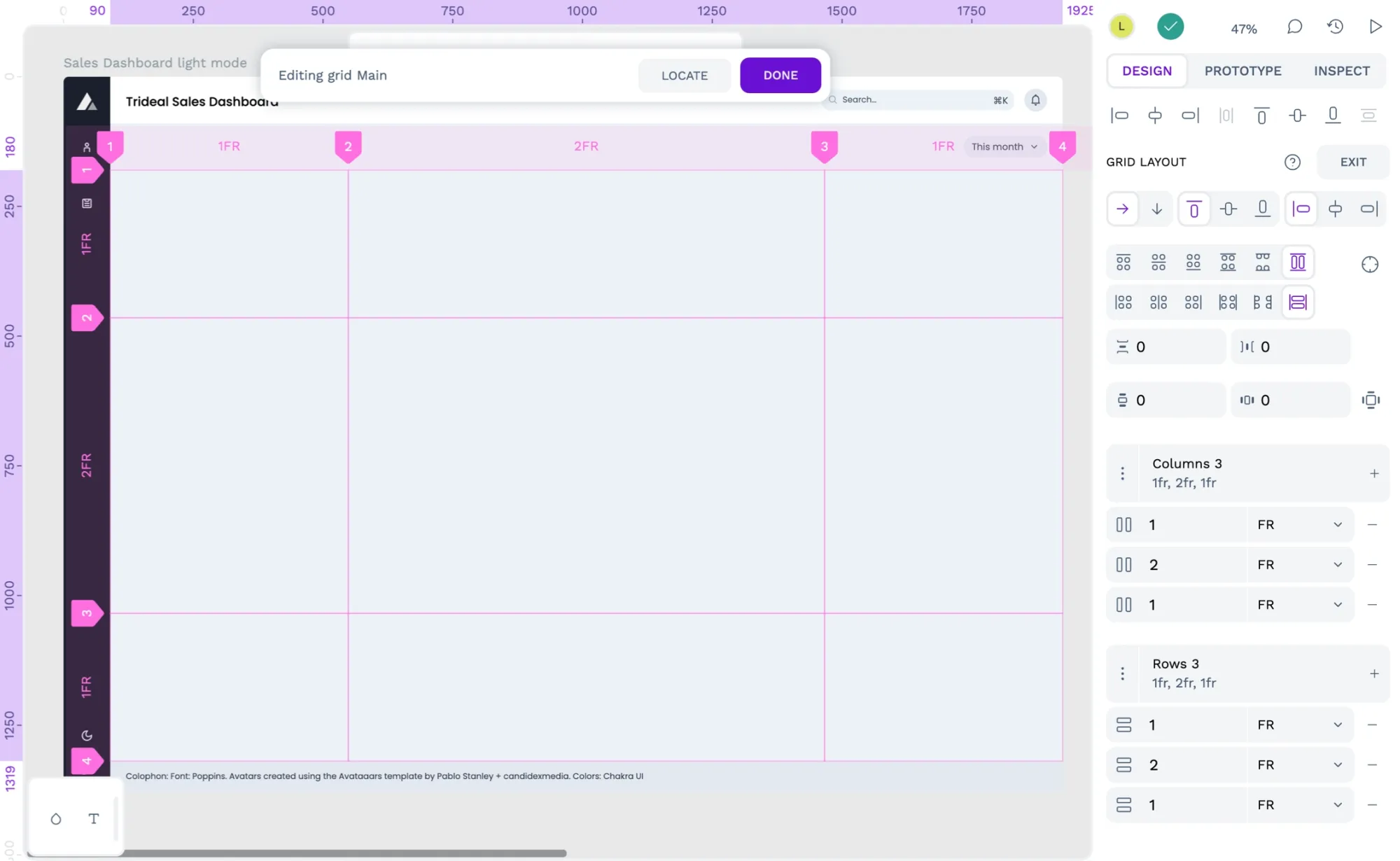 Grid layout with 3 columns with widths of 1fr, 2fr, and 1fr and 3 rows with heights of 1fr, 2fr, and 1fr.