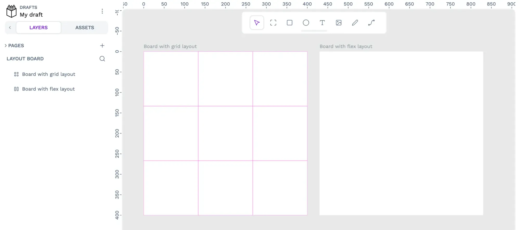 A board with grid layout on Penpot’s canvas that has visible pink column and row lines. Another board with flex layout does not have any layout lines.