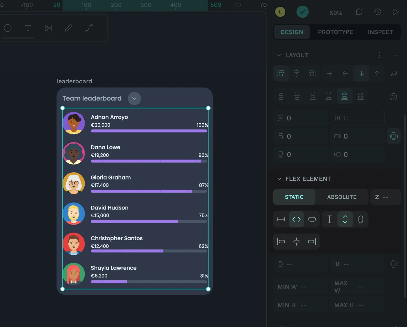 The leaderboard main element is selected and the buttons for width 100% and height 100% are selected in the Design panel.