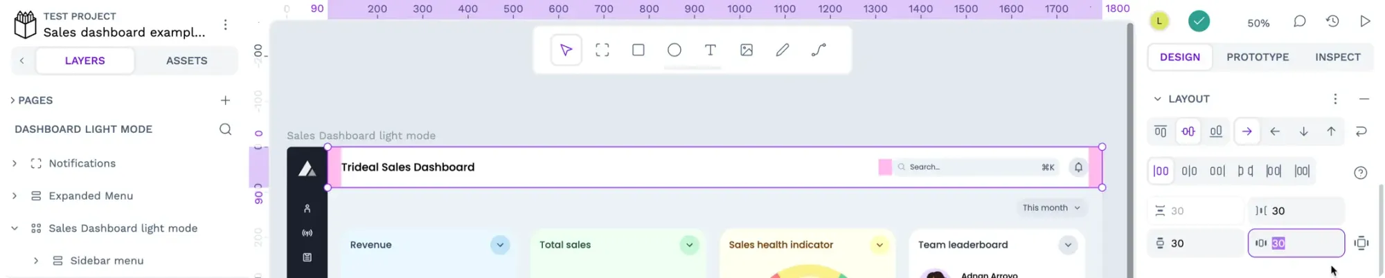 A heading layout with padding on the left and right sides, and a column gap between the columns. The Layout spacing input box in the Design panel has a value of 30.