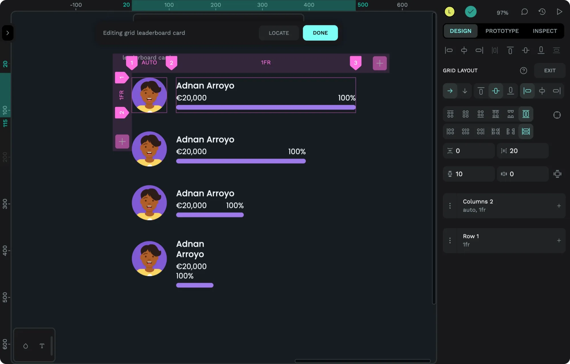 Grid and flex layouts being used on one leaderboard card component. At each size, the text and progess bar flows to fit the available space.