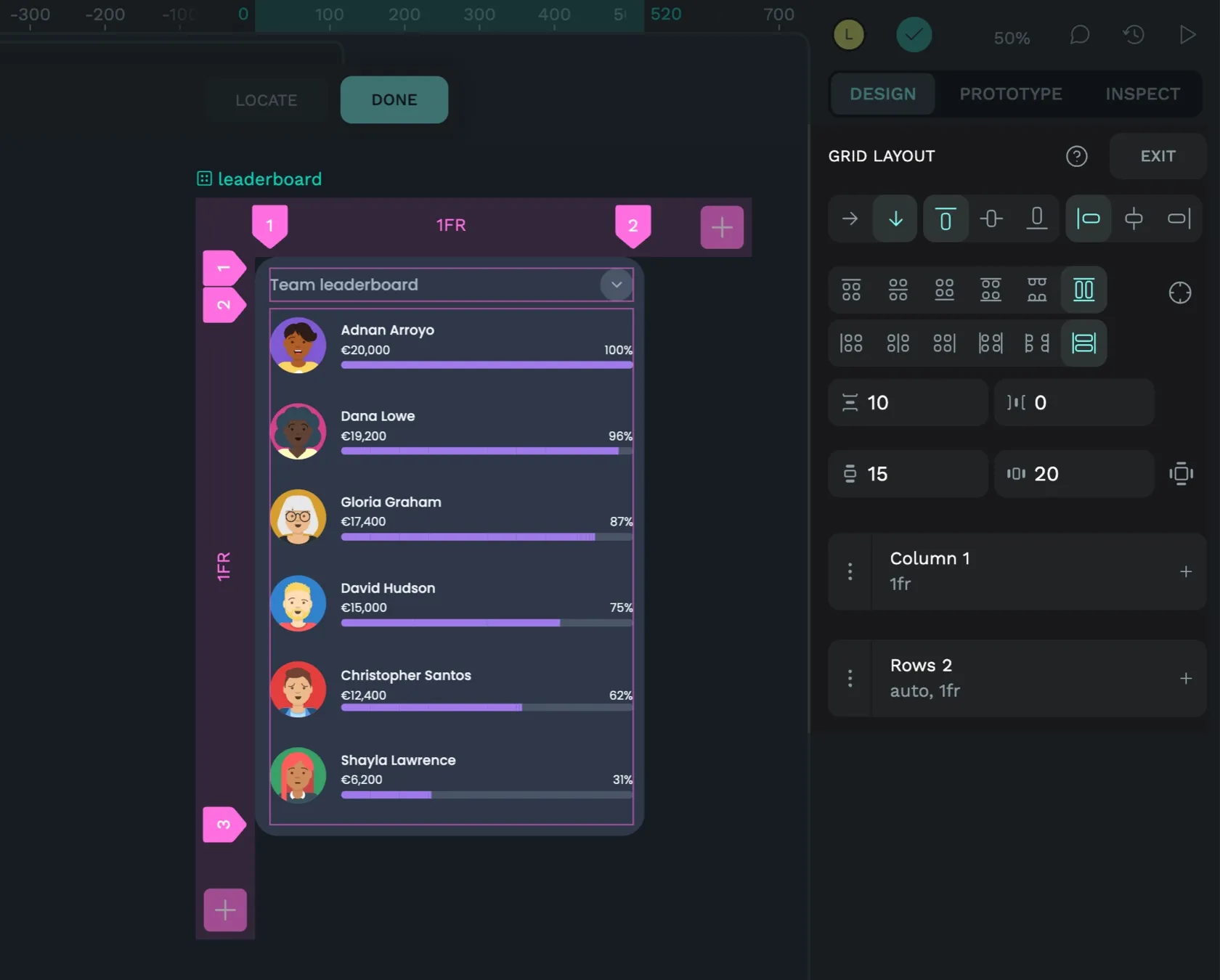 The leaderboard selected with a grid layout overlaid on top. The grid layout settings show one column with 1fr width, and two rows: one with auto height and one with 1fr height.