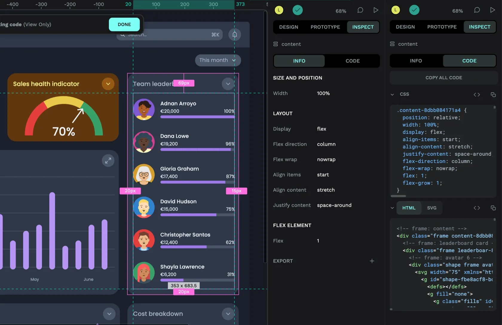 The leaderboard list selected in Penpot. The Inspect panel is shown twice. First on the Info panel which shows layout CSS properties, and second on the Code panel which shows CSS and HTML code.