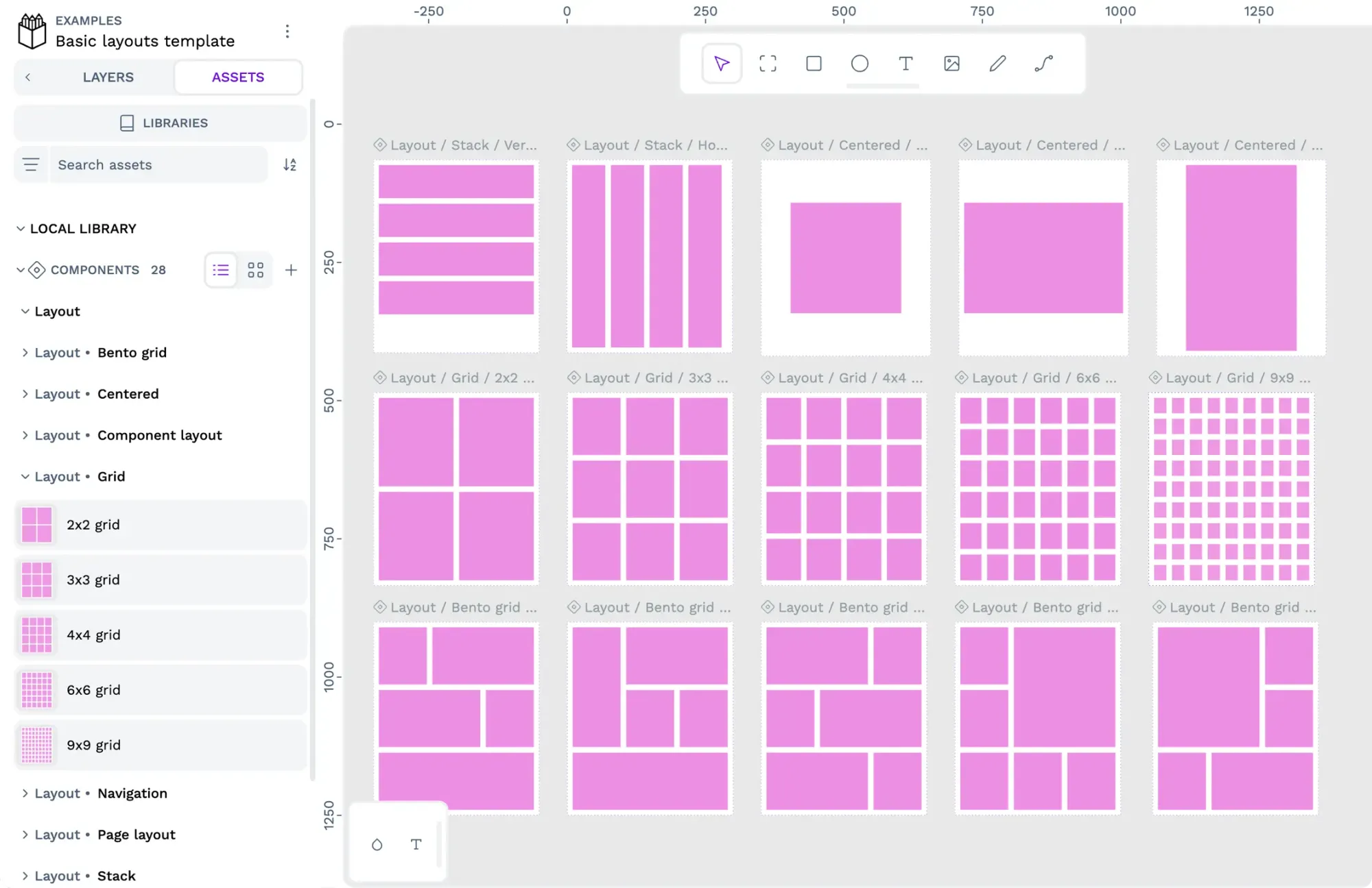 Grid layout components shown on the canvas and as reusable components in Penpot.