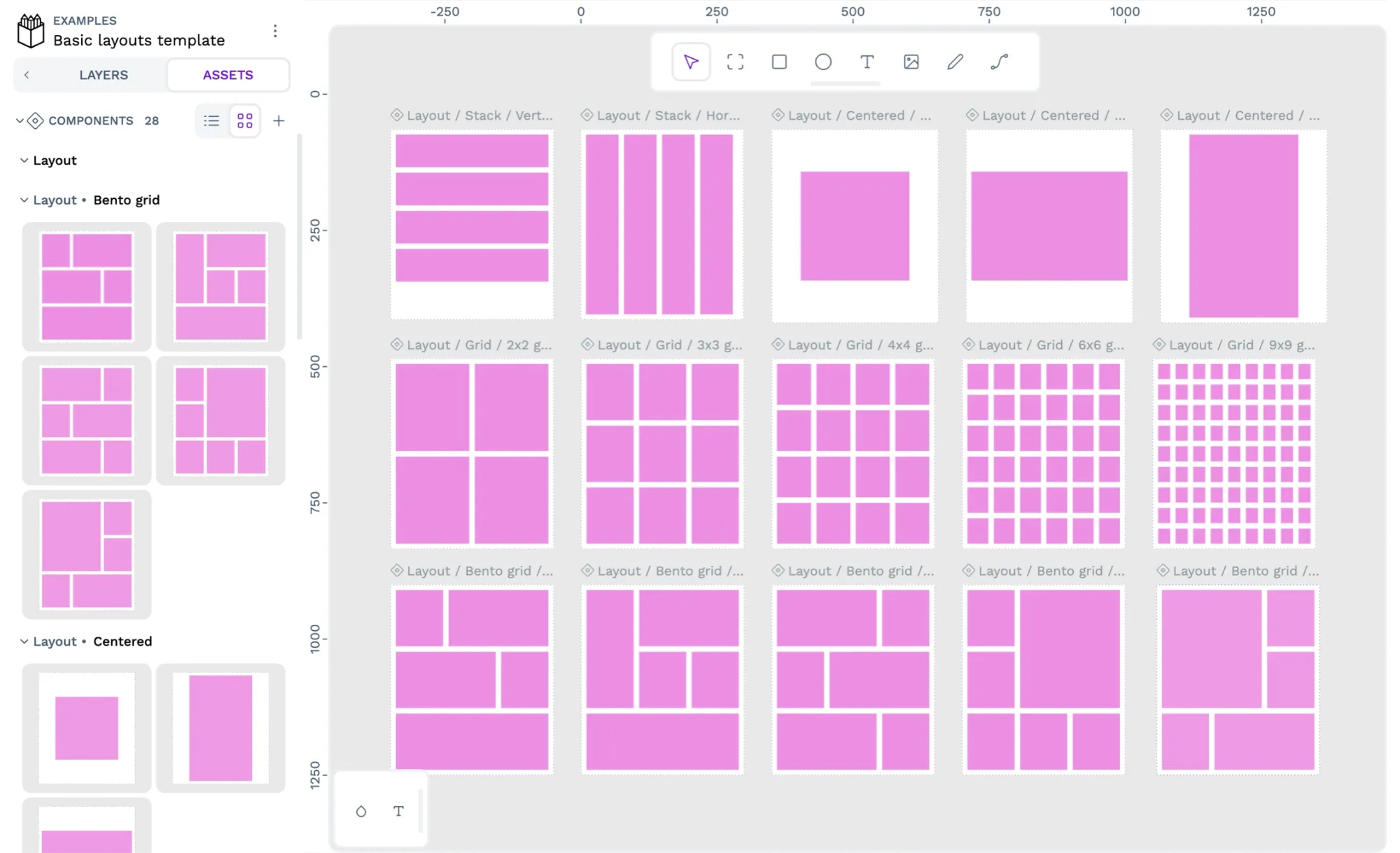 Grid layout components showing various bento grids as well as 2x2, 3x3 and 4x4 grids.