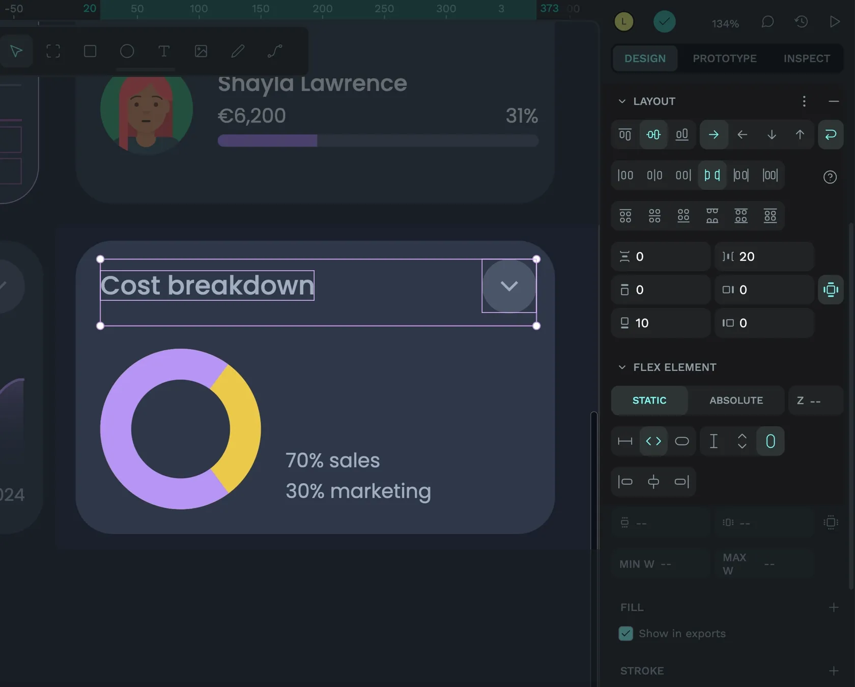 The header of the cost breakdown card is selected, showing the text and button side-by-side. The text is aligned to the left, the button is aligned to the right.