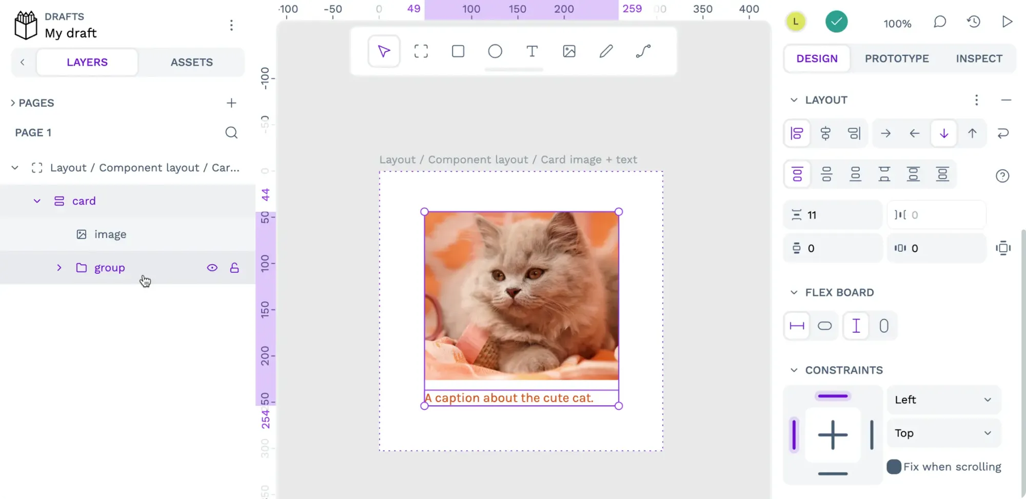 The same card component as before but with a fluffy cat image and a caption saying “a caption about the cute cate.”