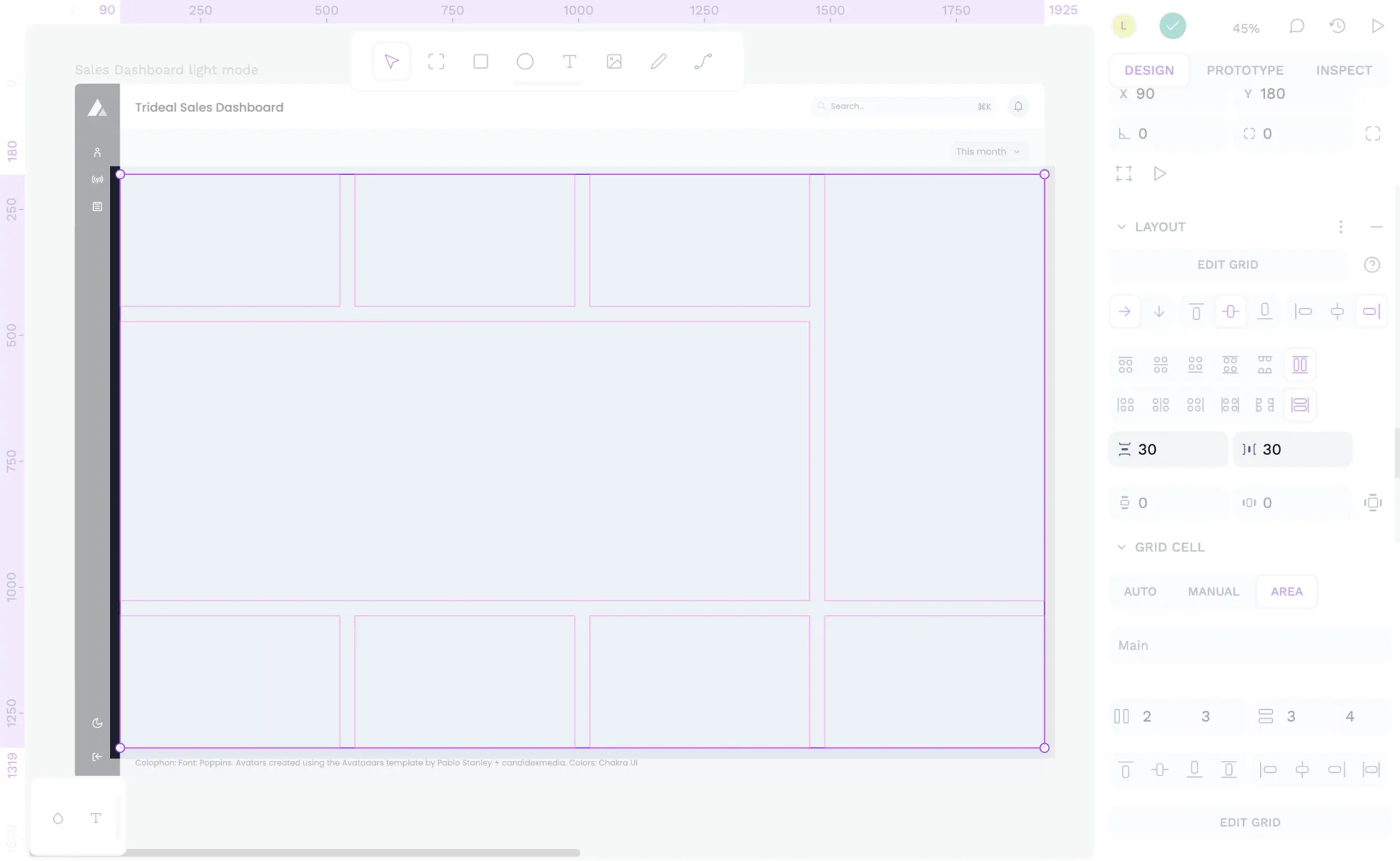 With the values set to 30px of grid and row spacing, the grid layout has equal spacing between each grid cell.