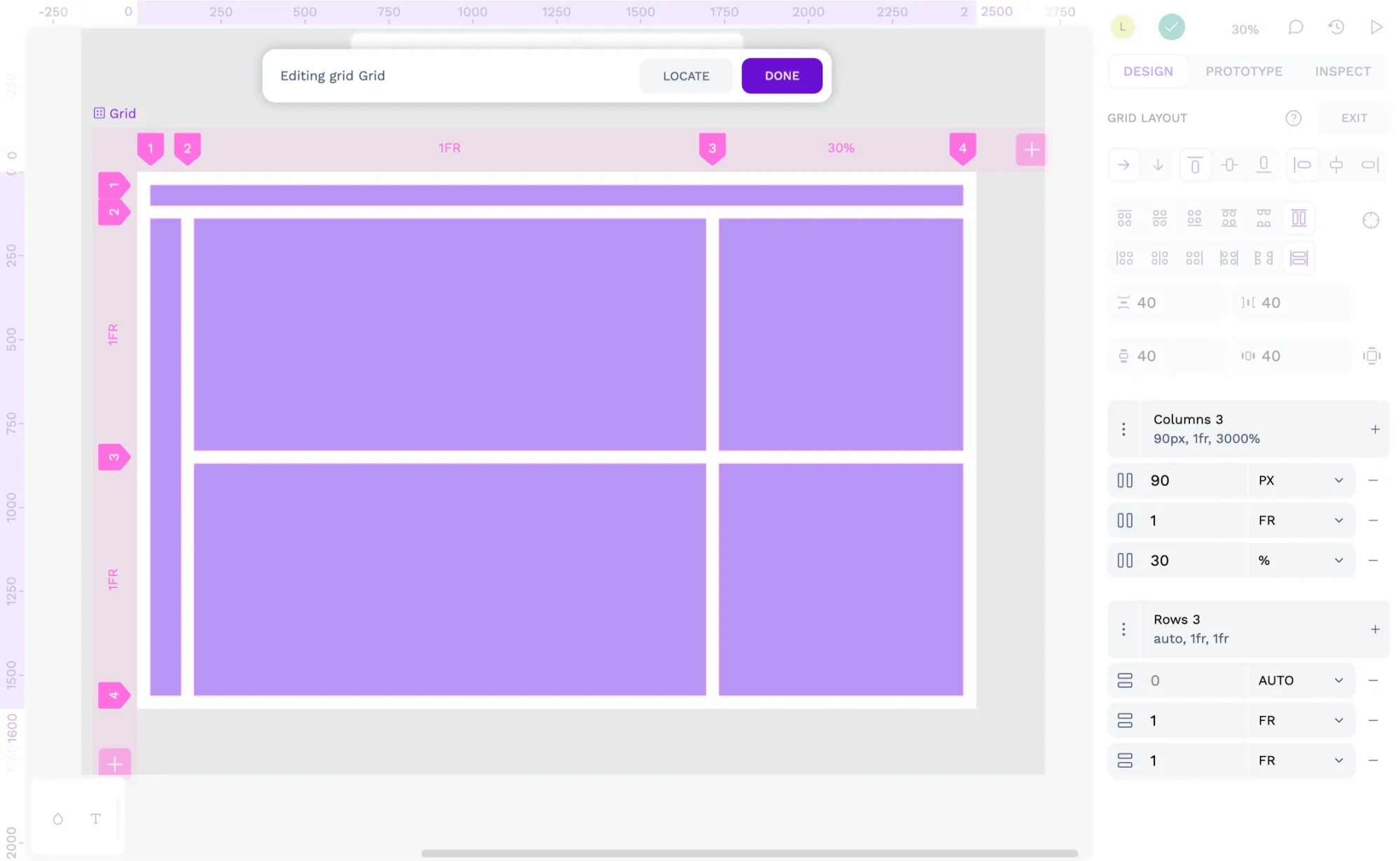 A grid layout featuring column widths of 90px, 1fr, and 30%, and row heights of auto, 1fr and 1fr.