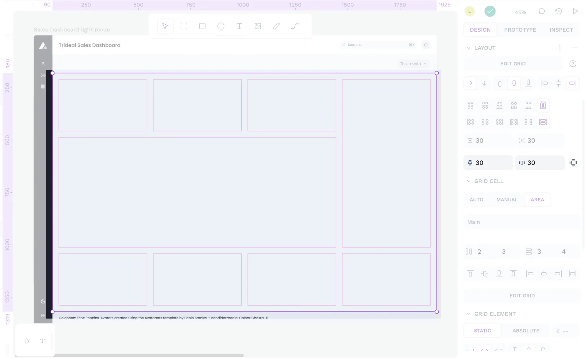 With values of 30px for both vertical and horizontal padding, there’s equal spacing around the outside of the grid layout.