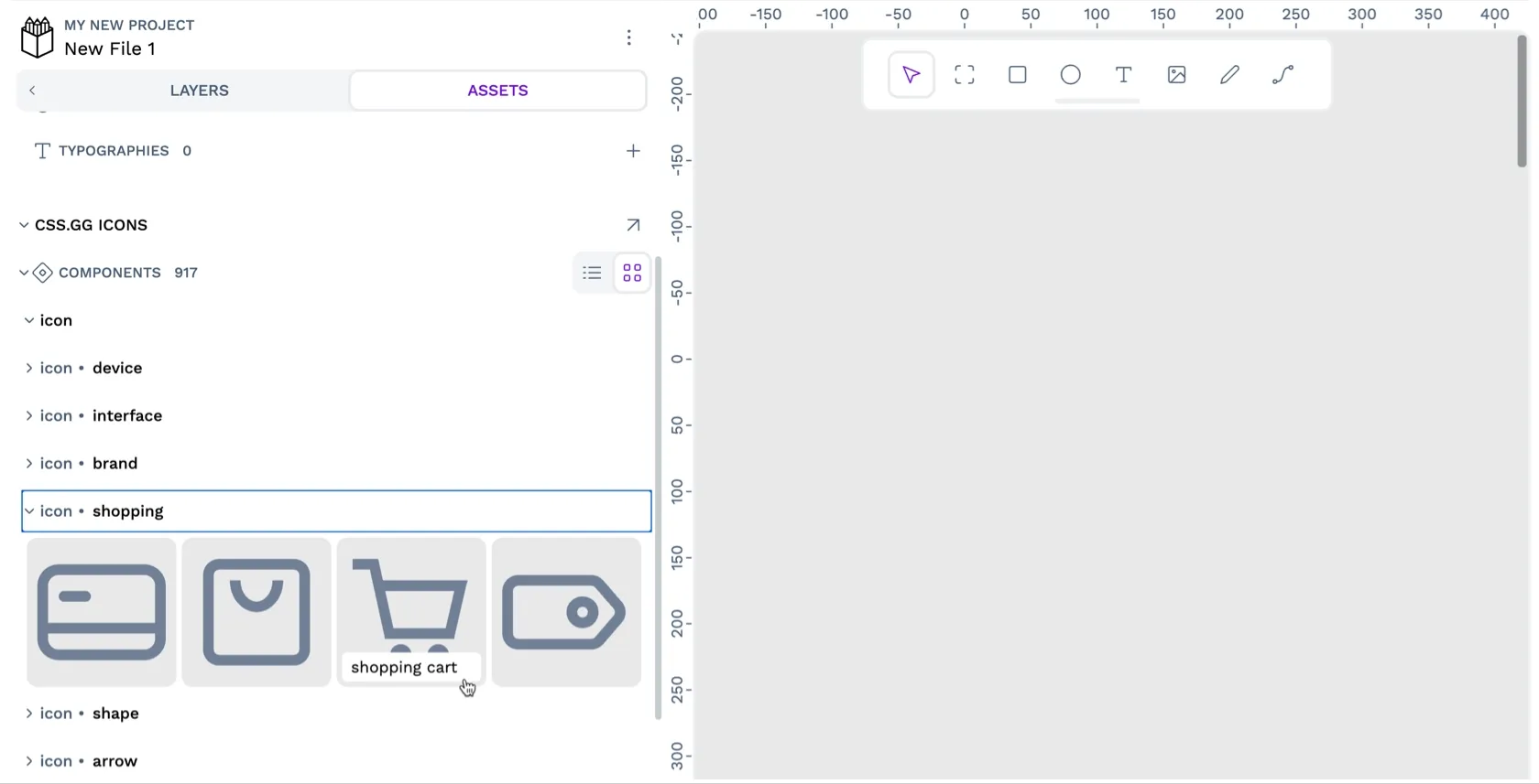 The shopping category in the css.gg icon components. Hovering over a shopping cart icon shows its name.