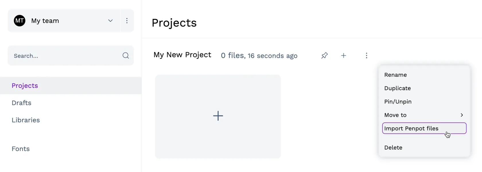 Selecting Import Penpot files from the Project menu.