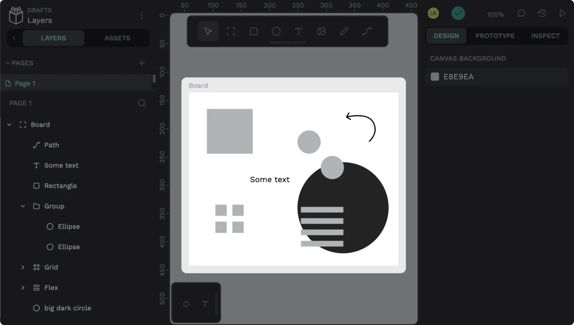 On the board is a rectangle, a group of rectangles, a group of circles, an arrow path, some text, a stack of rectangles, and a large dark circle underneath the other shapes.