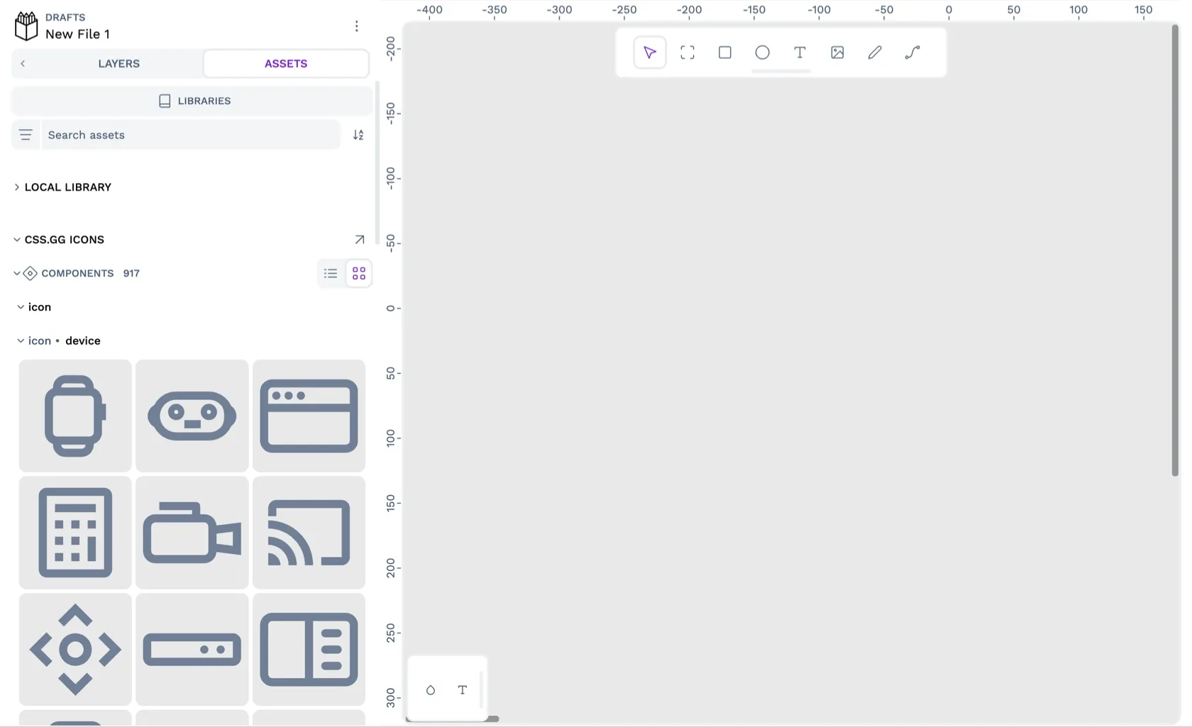 The Assets panel showing sections for the Local Library and the CSS.gg icons.