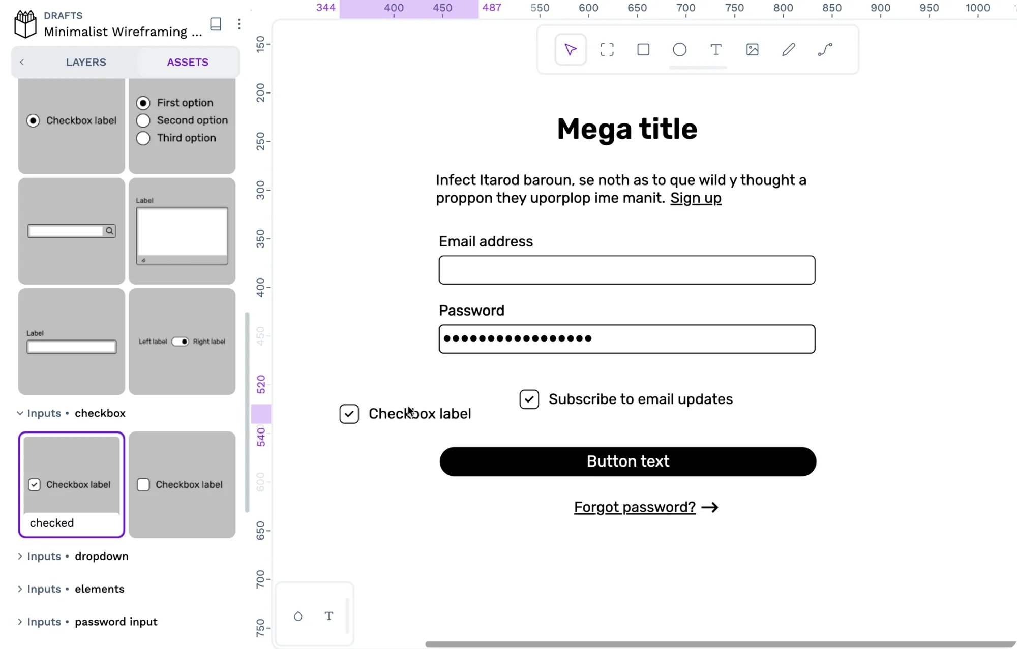 A wireframe library with different components displayed in the Assets panel of Penpot