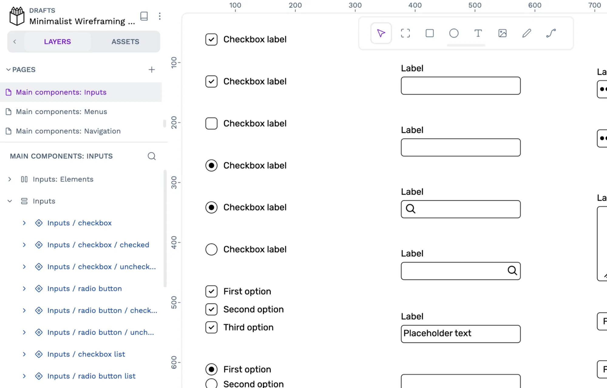 A collection of form input components including text inputs, checkboxes and radio buttons.