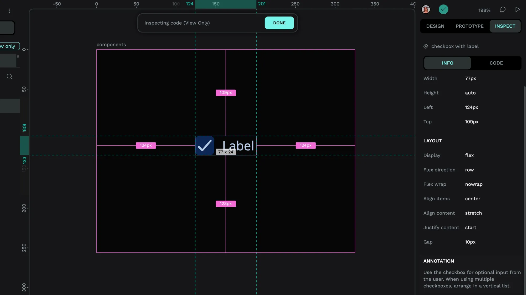 A component with annotations on the Inspect tab of Penpot 