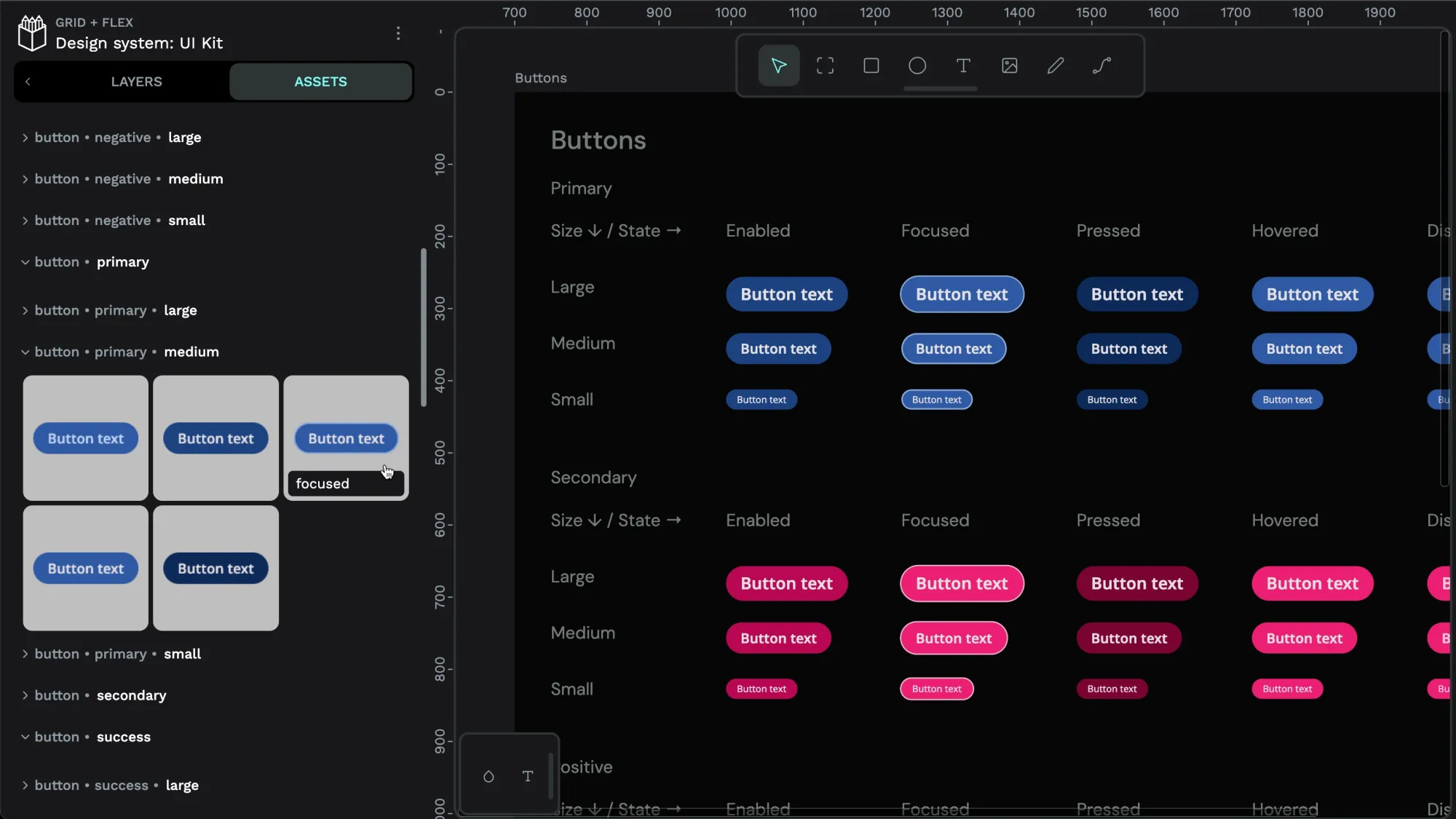 UI kit library example of a design system in Penpot with buttons states