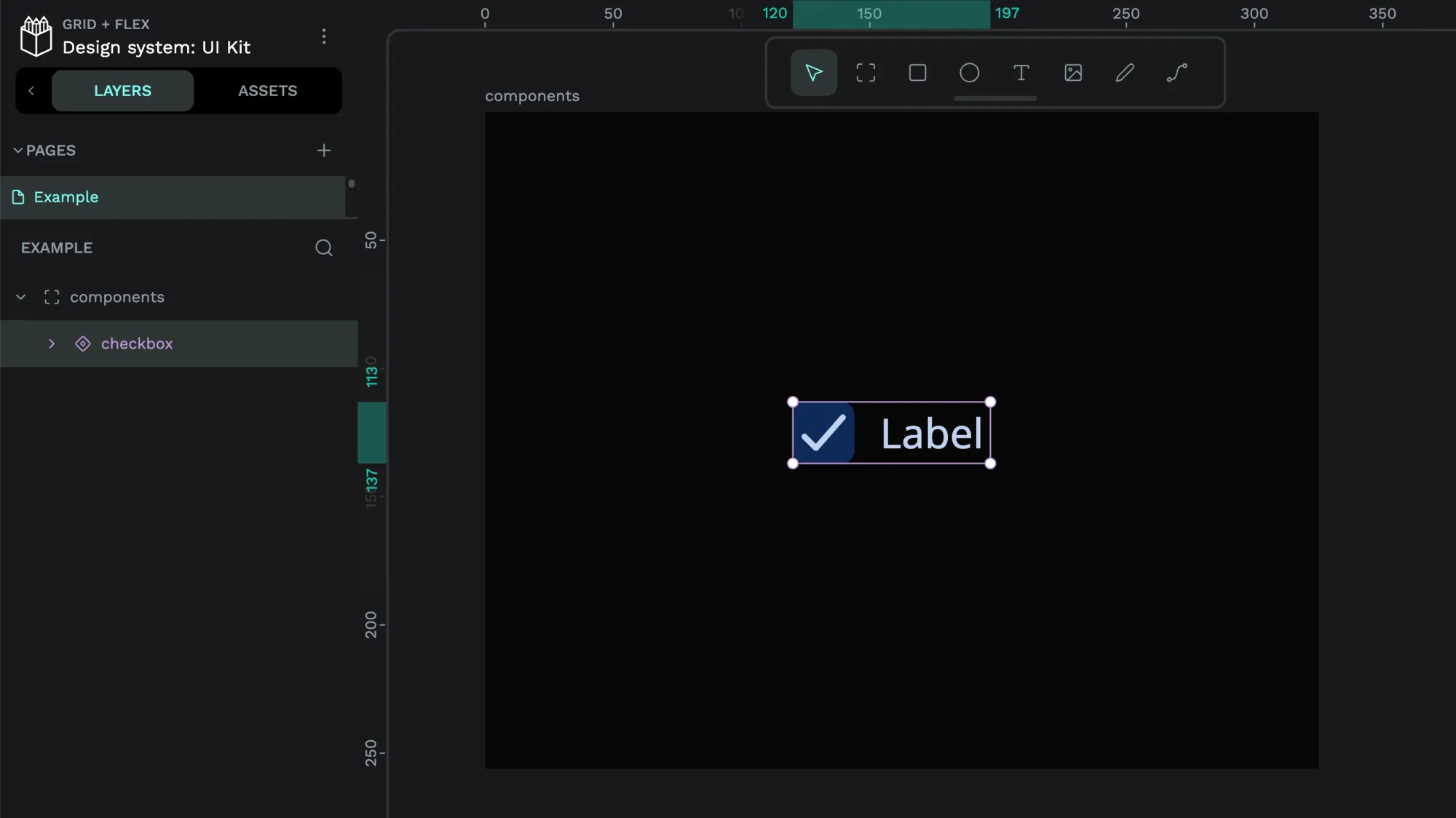 A main checkbox component selected on the canvas. In the layers panel, the layer name is checkbox and it has a double diamond icon.