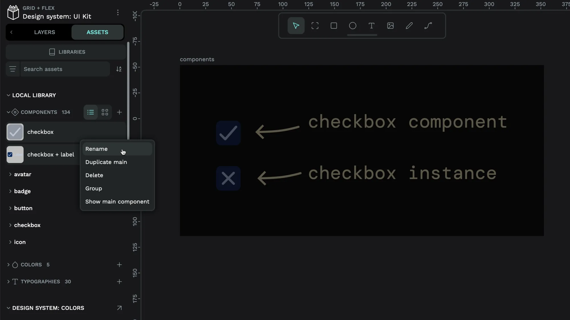 Right-clicking a component in the Assets panel brings up a menu of options to rename, group, or delete.