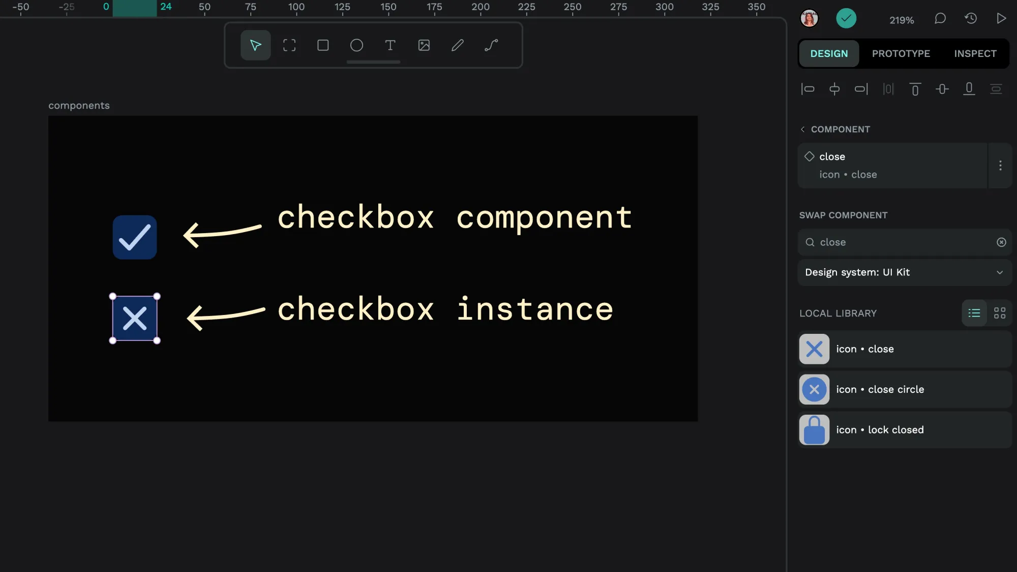 Searching for close in the components swap menu brings up three icons with closed keywords.