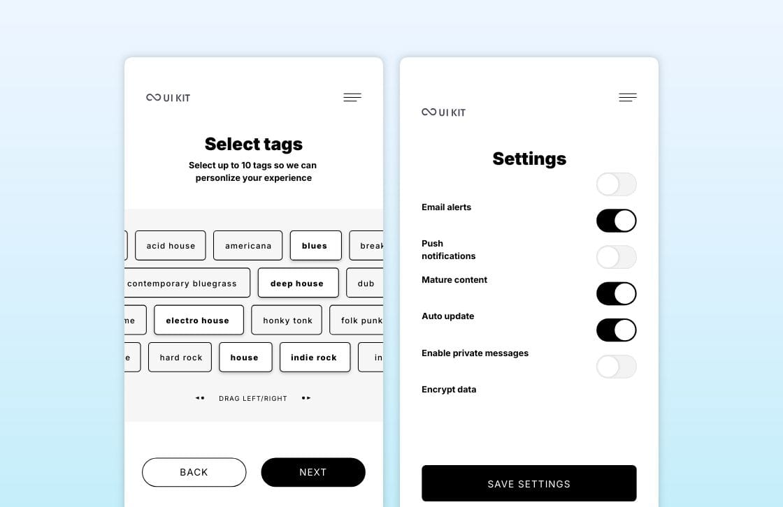 Two wireframes showing tag selection and toggle buttons examples