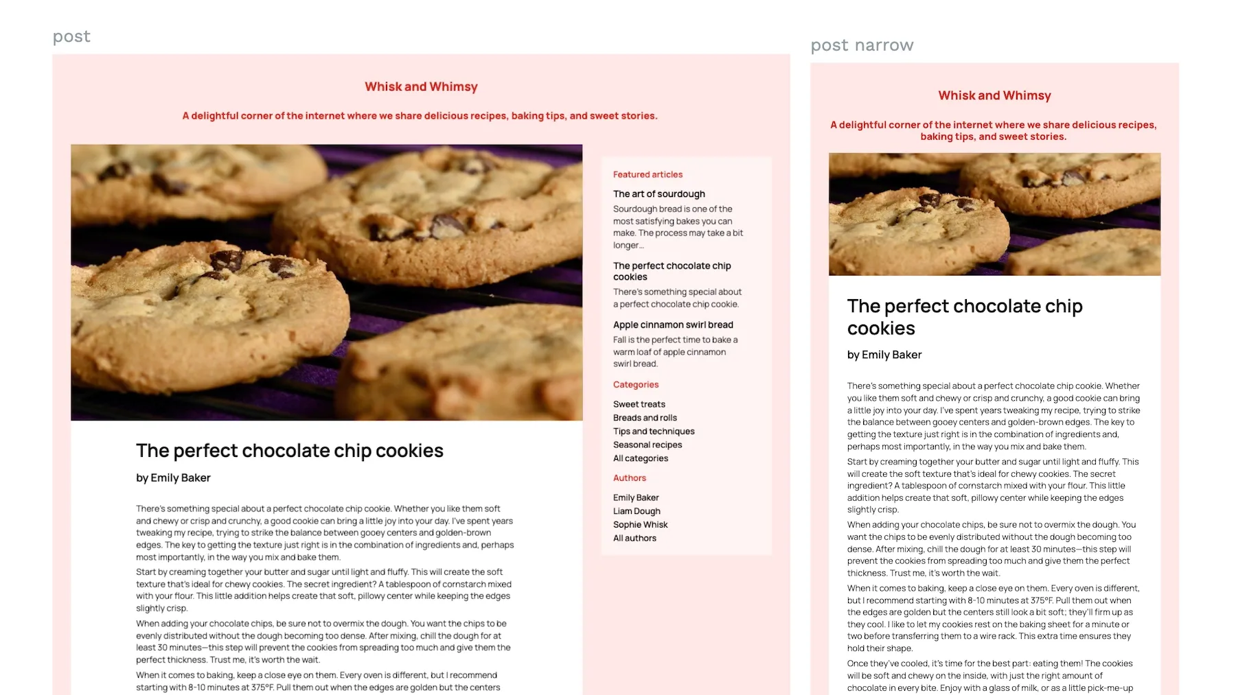 A wide blog post layout with the main content and sidebar side-by-side, and a one column mobile view.