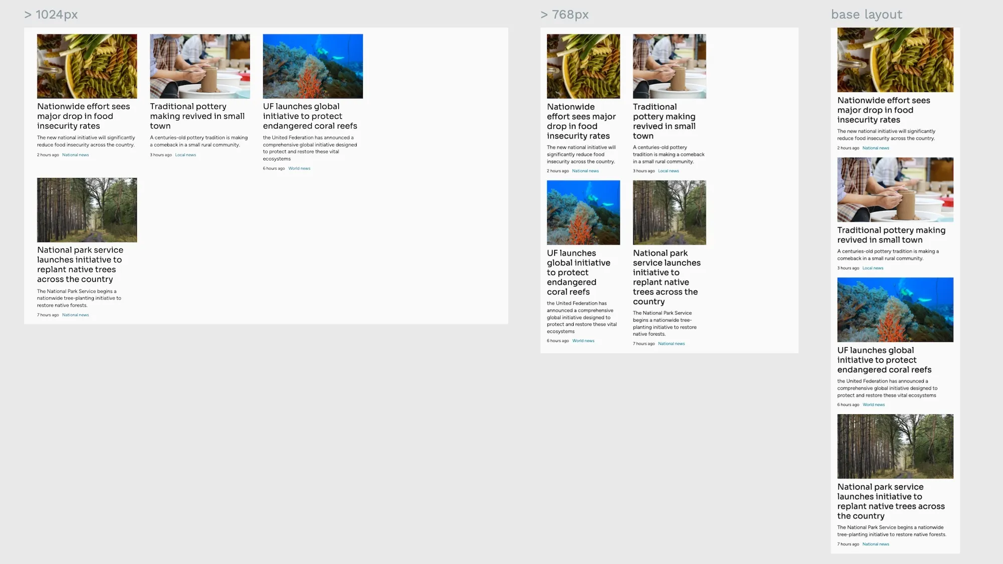 Card layouts in one column for the base layout, two columns for 768px and above, and three columns for 1024px and above.