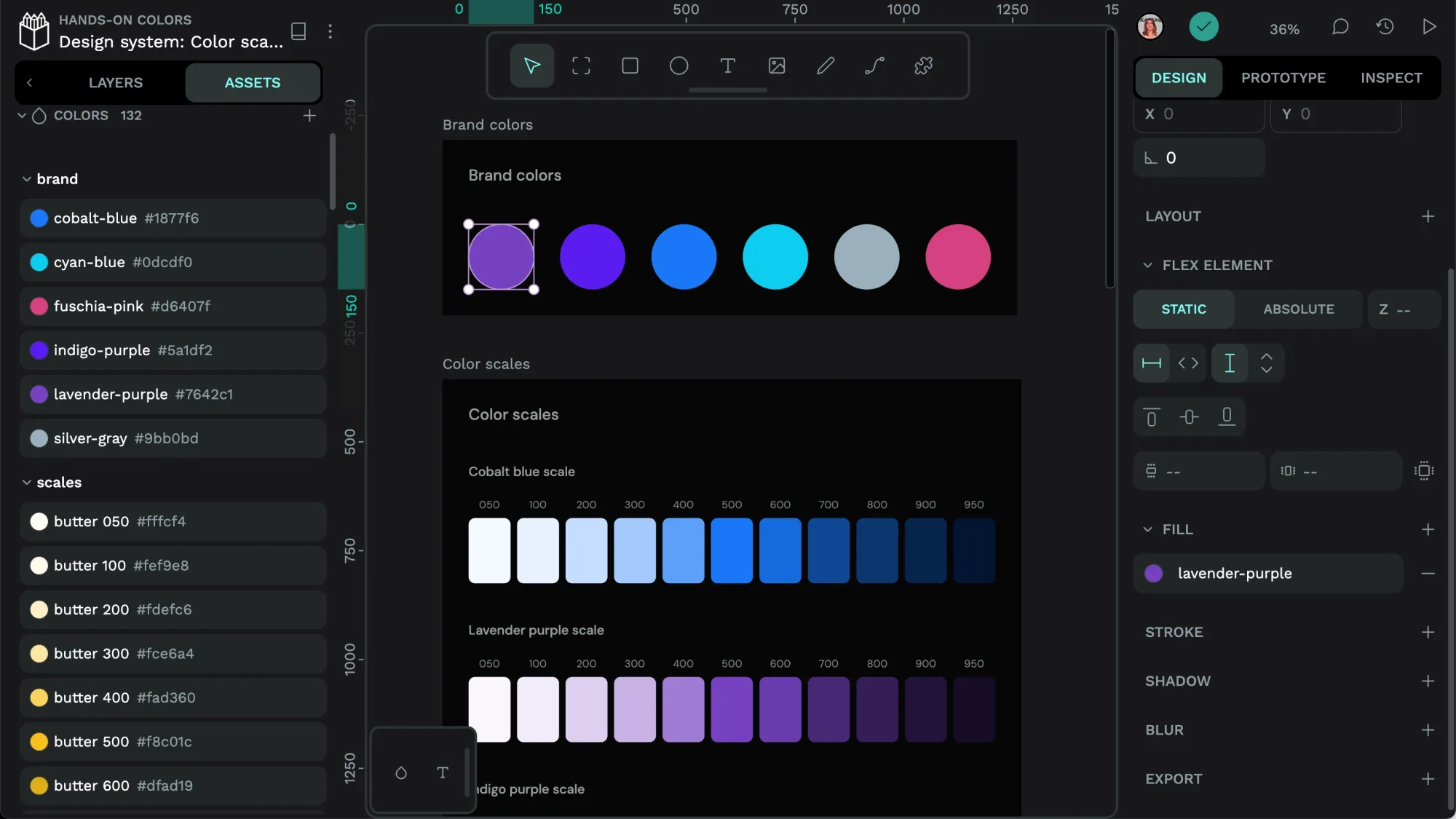 The color scales library file contains brand colors and color brightness scales for different hues.