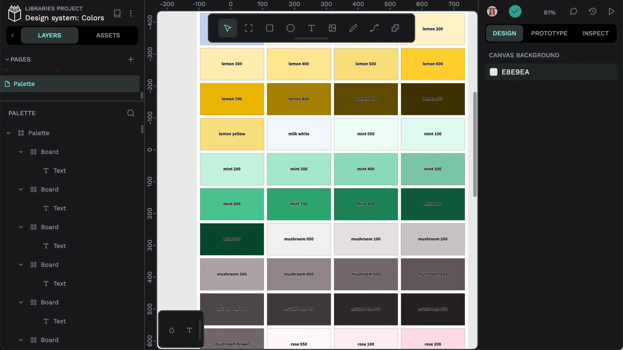 Squares of swatches arranged in rows. The name of each color is displayed in the middle of each swatch.